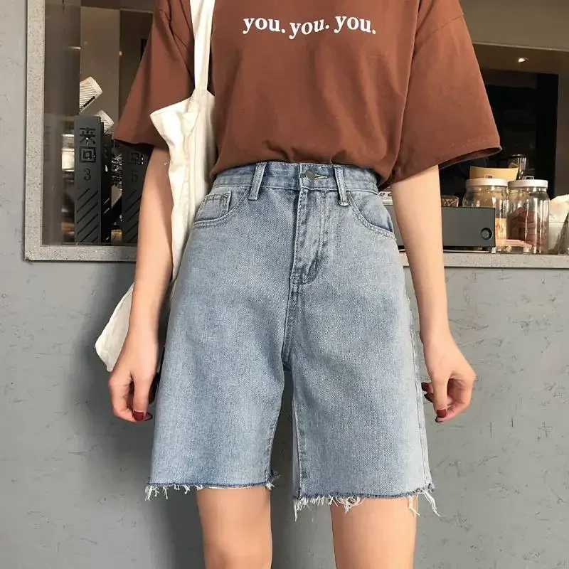 Spring summer Korean-style Versatile Denim Shorts Women's Early -Style Simple High-waisted Torn Edge Knee-length Denim Shorts