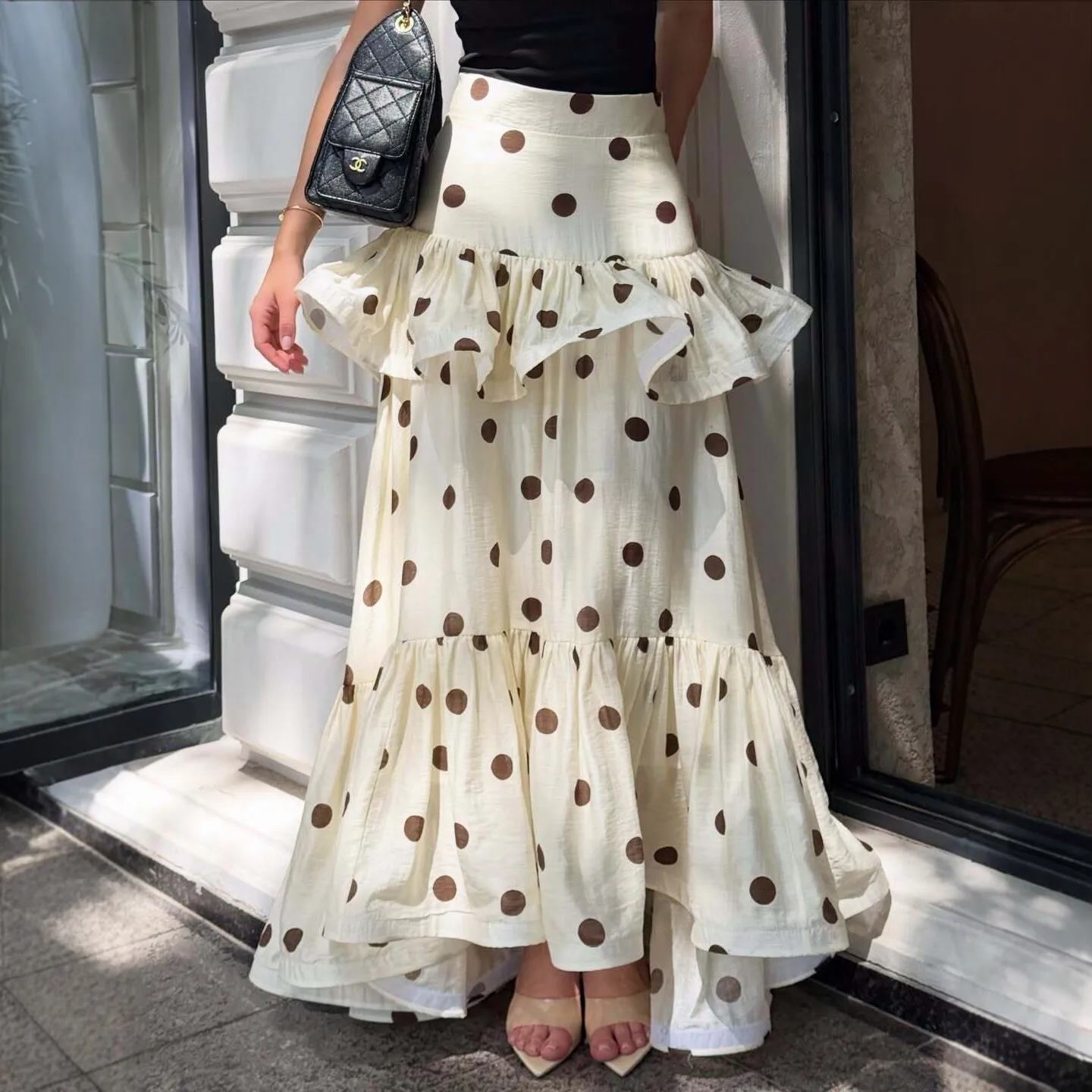 Elegant High Waist Polka Dot Ruffle Skirt Cake Style Slimming Midi Skirt Cross-Border Style Vintage Summer Fashion Women's Sk...