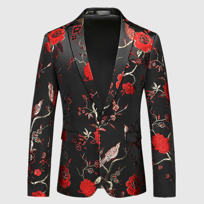 Rose Pattern Suit Jacket Men\'s Wedding Party Dress Coat High Quality Men Slim Blazers Masculino