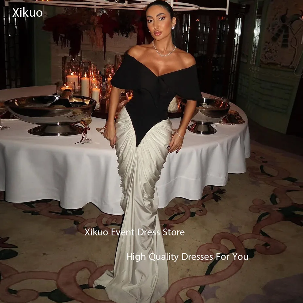 

Xikuo Black And White Off Shoulder Evening Gowns Mermaid Ruched Bodycon Wedding Party Dress Long Modest Prom Dress Customized