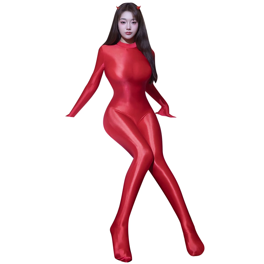 Fashion Women Glove Sleeve Bodysuit Yoga Shaping Elastic Tight Jumpsuit Satin Smooth Glossy Silky One-Pieces Maid Leotard