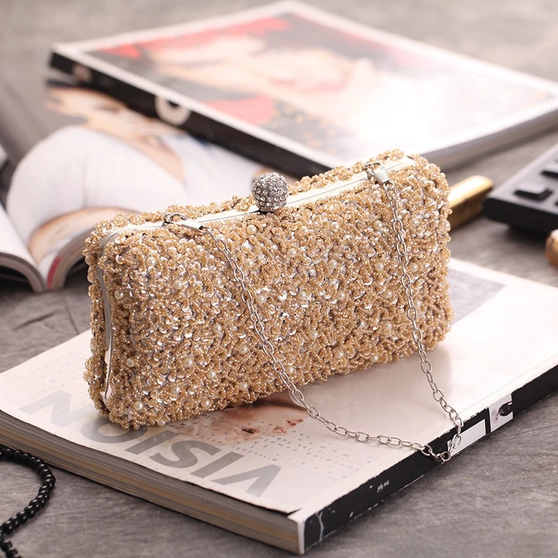 

New Women Luxury Handbag Party Evening Bags Bead Embroidery New Women Chain Shoulder Bags Ladies Fashion Gold Clutch Bag
