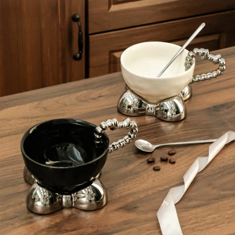 English Silver White Ceramic Coffee Cup Saucer Bead Point Handle Bow Cup Afternoon Tea Tableware Ceramic Latte Coffee Cup
