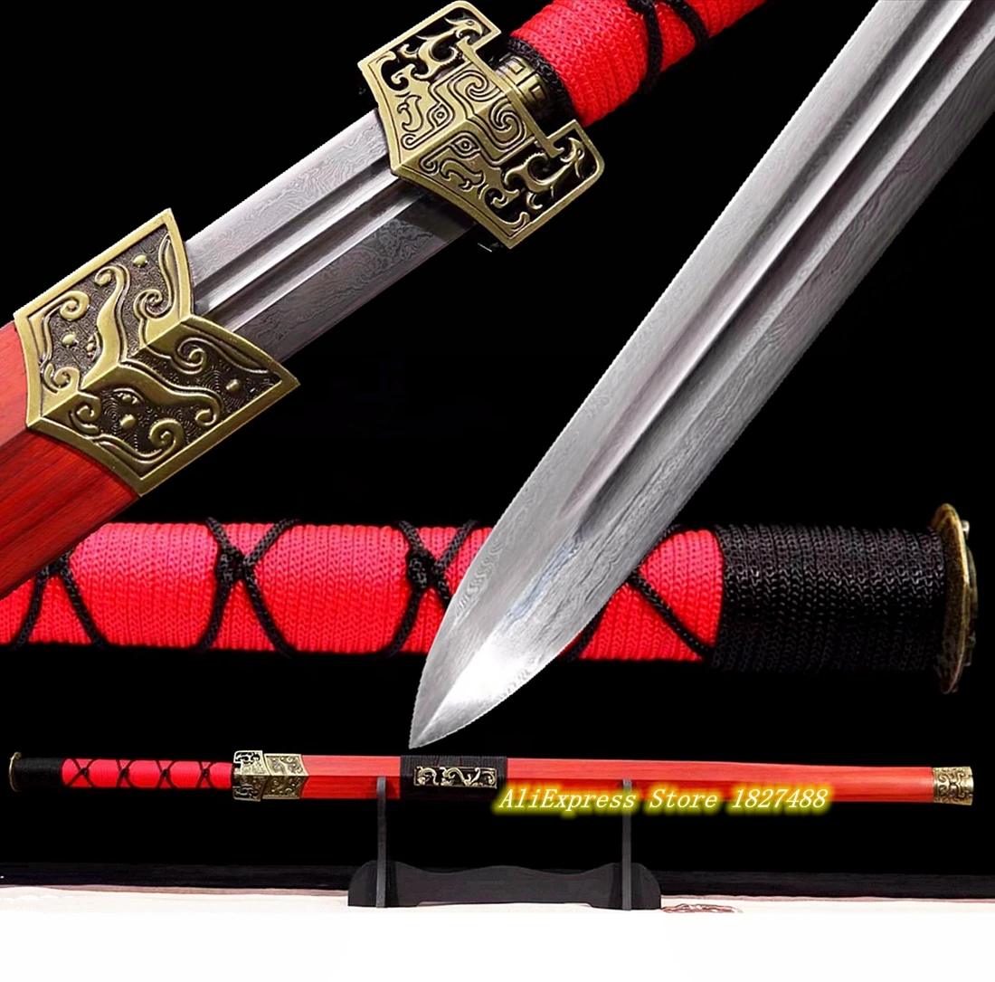 Red Wood Sheath/Alloy Fittings Han Dynasty Styles Sword Chinese Folded Patern Steel Blade WuShu/TaiChi Double Edge Jian