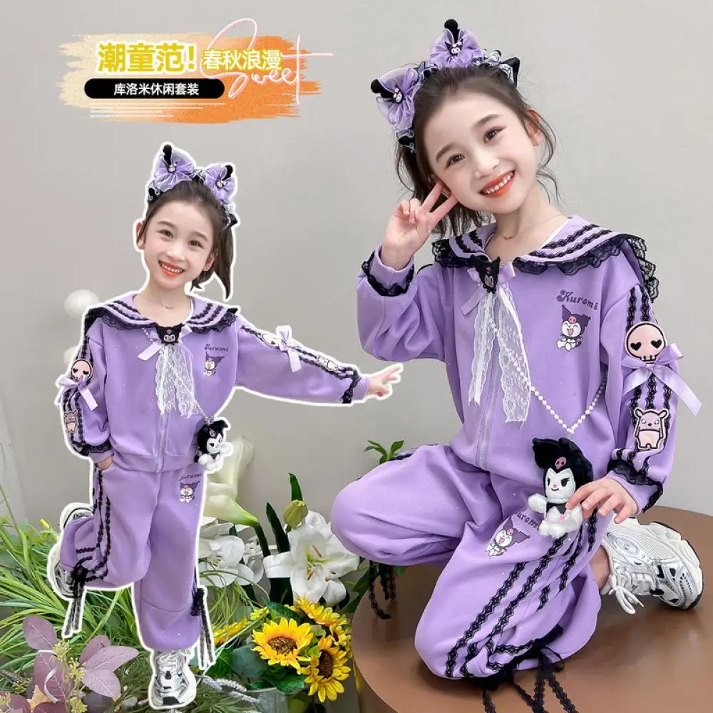 Kawaii Sanrio Kuromi Girls Sweatshirt Sweatpants Suit Athleisure Kids Long Sleeves Pants Suit Spring Autumn Children's Clothing