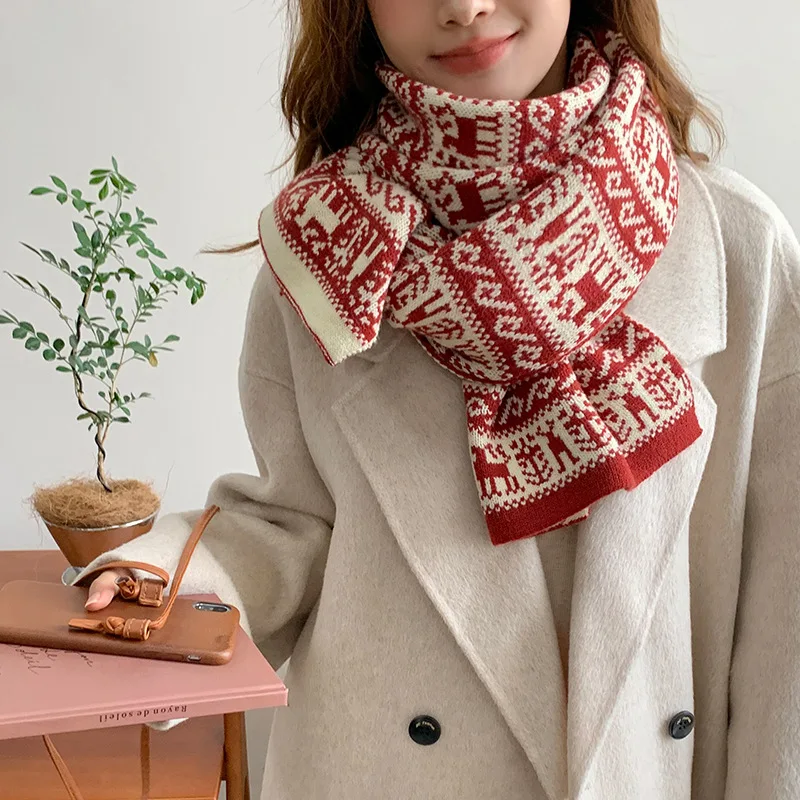 

Новый рождественский шарф осень/зима 2023 года для женщин, имитация кашемира, теплая вязаная мягкая маленькая шаль в стиле ретро, подарок на Новый год