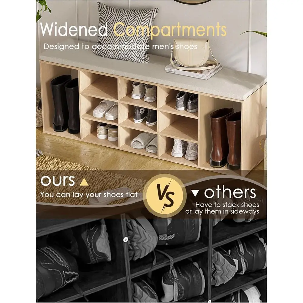Panca portaoggetti per scarpe imbottita multiuso con 13 scomparti, scaffale regolabile per ingressi domestici, fango e altro ancora in Natur