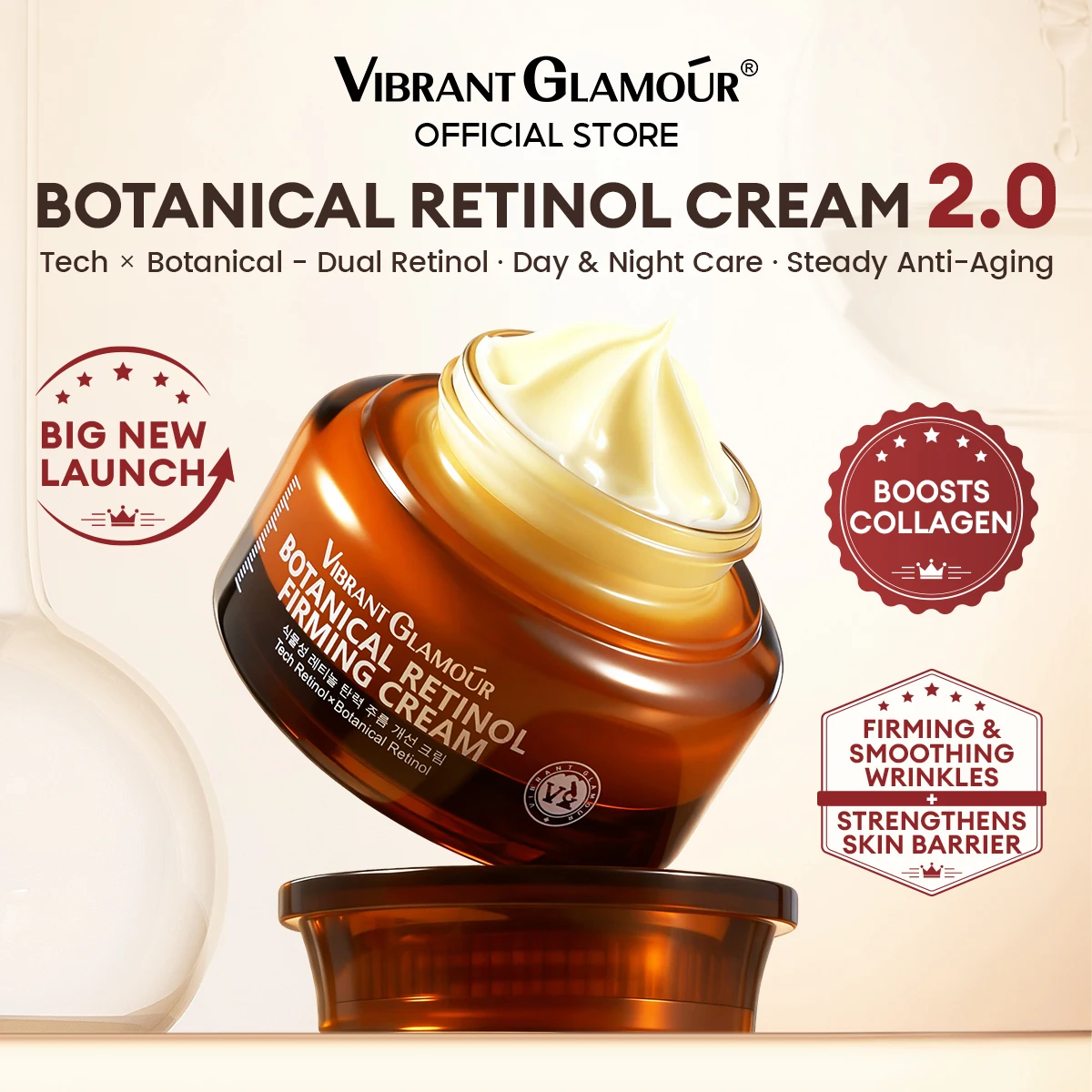 VIBRANT GLAMOUR Botanical Retinol Firming Cream 2.0: Укрепляющий крем с ретинолом и коллагеном для уменьшения 5 видов морщин на лице, специально для чувствительной кожи, 30 г