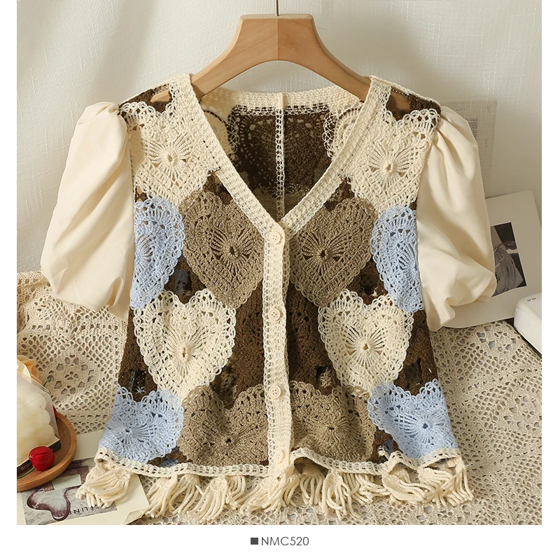 Women Blouse Crochet Knit Top Puff Sleeve Button Front Embroidery Heart Crop Cardigan Summer Teen-girls Fairycore Outfit