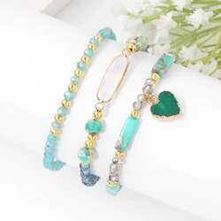 3 Stks/set Groen Kristal Kralen Armband Set Natuursteen Hart Charme Goud Kleur Spacer Kralen Armbanden Voor Vrouwen Mannen Sieraden