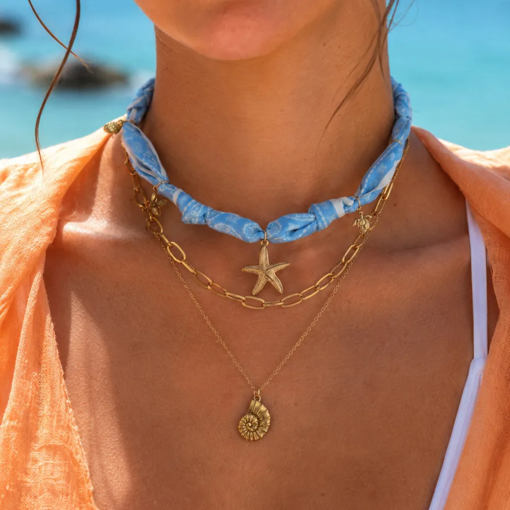 Ingemark 3 Pcs/Set Waterproof Stainless Steel Starfish Conch Sun Pendant Necklace for Women Bohemian Scarf Choker Summer Jewelry