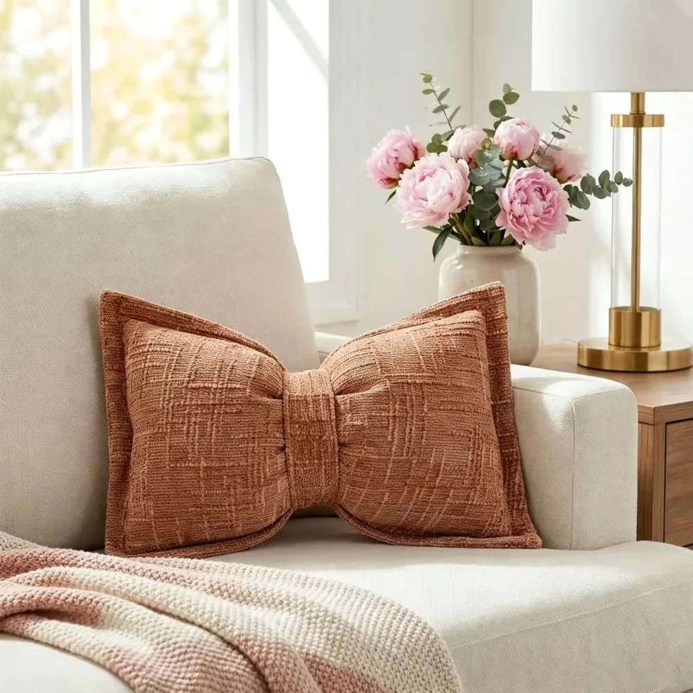 Bow Pressed Edge Pillow Cases Chenille Textured Decorative Cushion Covers Soft Breathable Throw Pillow Covers Sofa