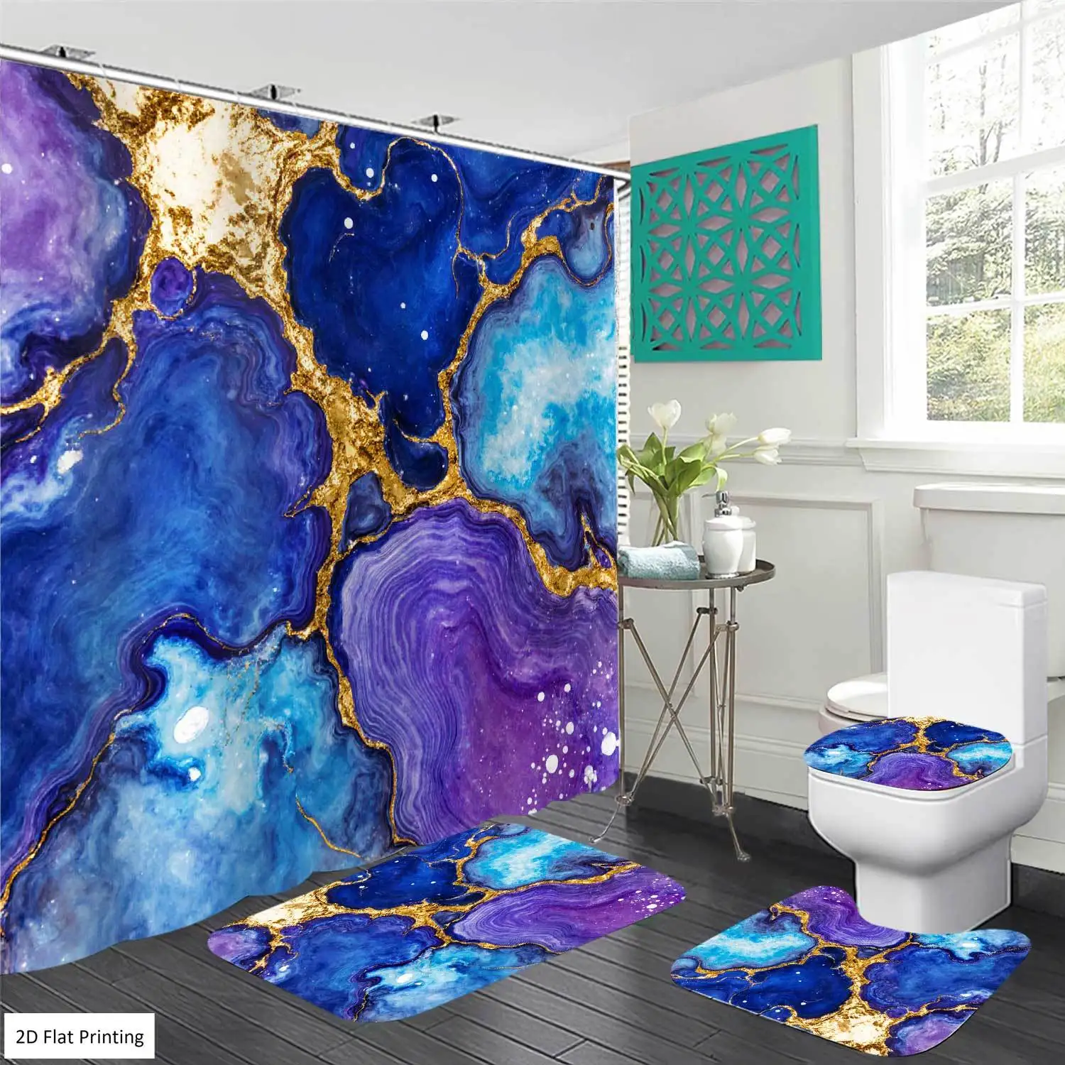 2D Flat, 4Pcs Modern Abstract Bath Curtain & Set with Non-Slip U-Shaped Carpet Suitable for Bath Mat, Shower Curtain with Hooks, Toilet Cover - Blue Purple Golden Bathroom Decor, Machine Washable for Home Bath, 2D Flat