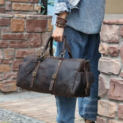 Large capacity luggage bag crazy horse men's travel bag crossbody luggage bag genuine leather retro male handbag