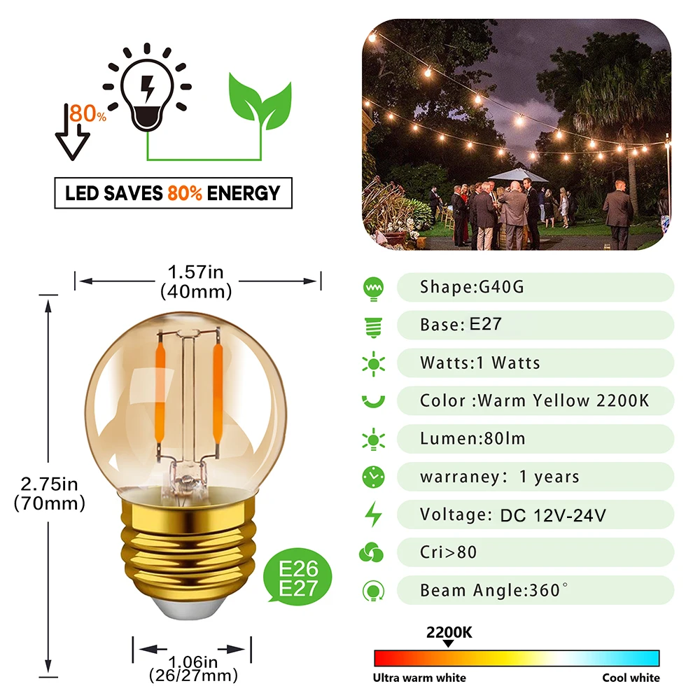 G40 Amber Glass Undervoltage Retro Light Bulb E27 12V DC 24V 1W 2200K Replaceable Ceiling Light Christmas Decorative Led Bulb