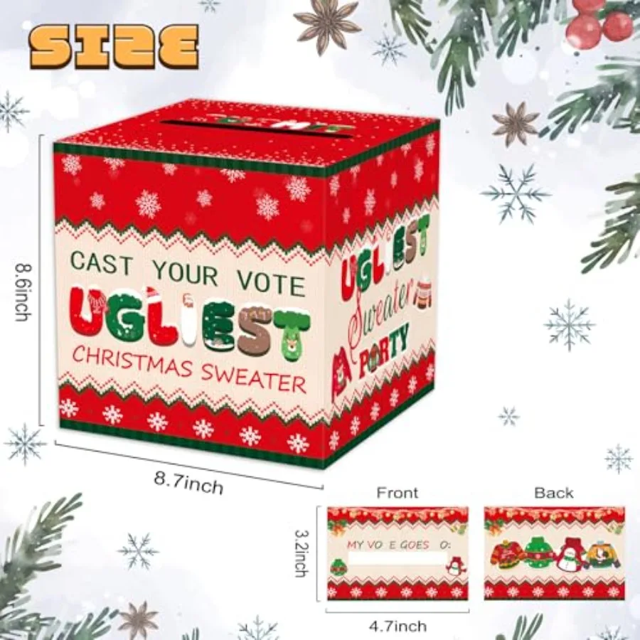 醜いクリスマスセーターコンテスト投票箱、投票カード50枚付き、8.7インチ、クリスマスゲームパーティーデコレーション用投票カードボックス