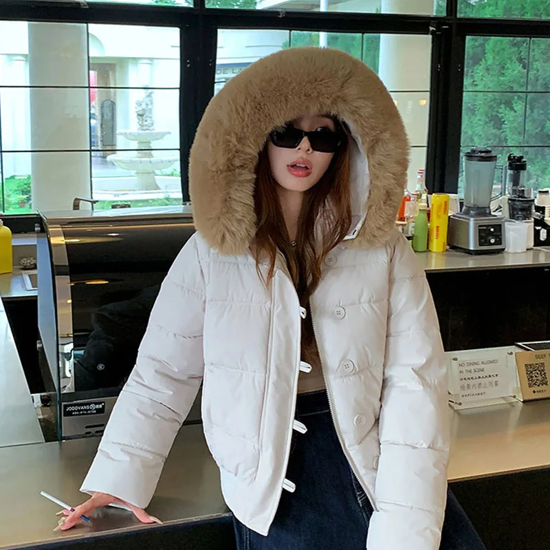 Winter Fur Hooded Jacket Women Outerwear Thick Dowon Cotton Padded Slim Short Parkas Female Cropped Puffer Bubble Coat Outwear