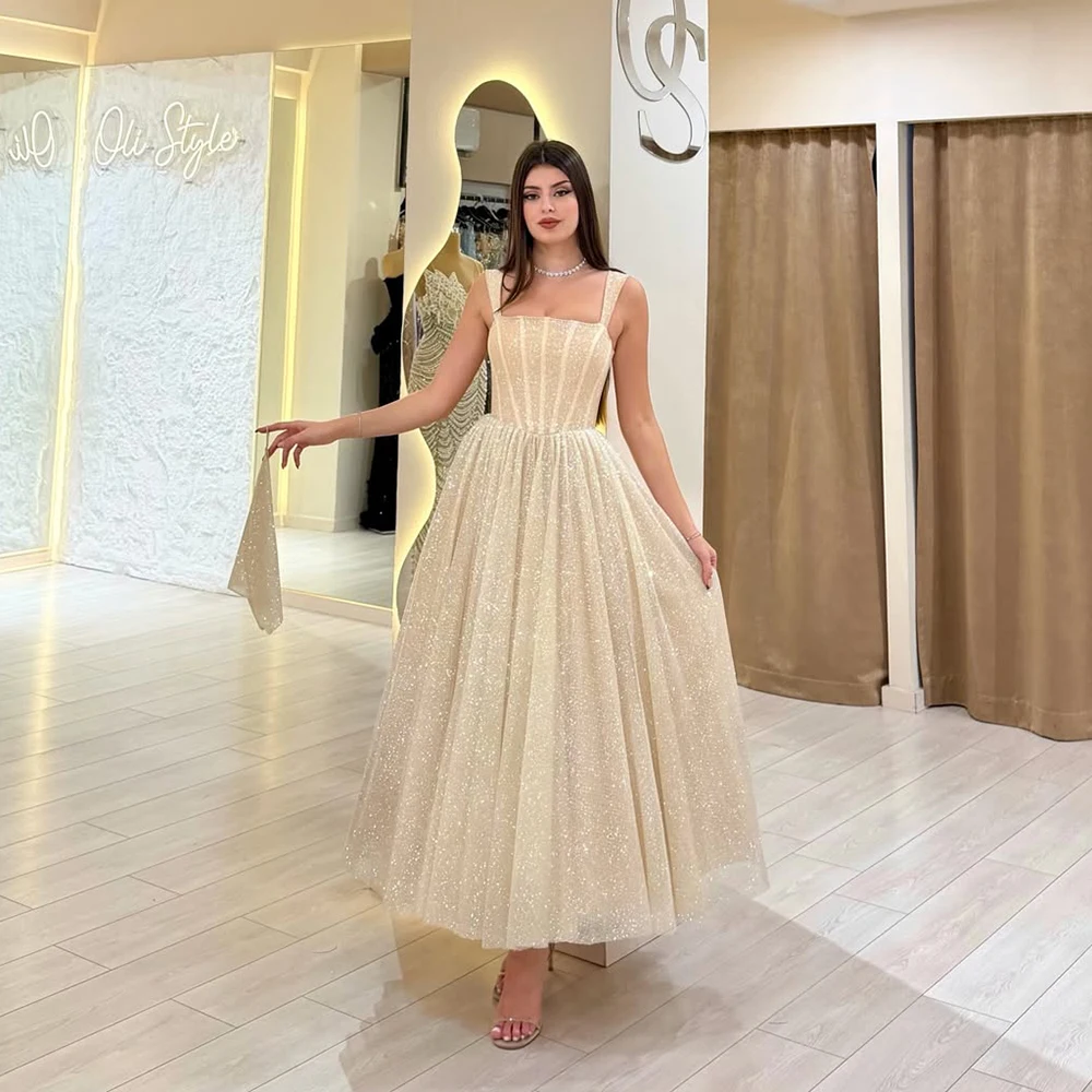 

Custom Made Women's Spaghetti Straps Sequins Sparkly Prom Party Dress Backless A-line Ankle Length Puffy Evening Dress