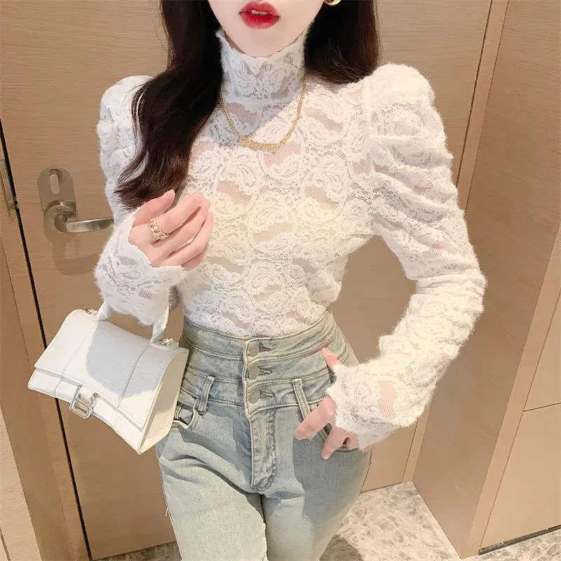 2023 Autumn Winter New Solid Color Fashion Blouse Women Turtleneck Elegant Long Sleeve Pullovers High Street Lace All-match Tops