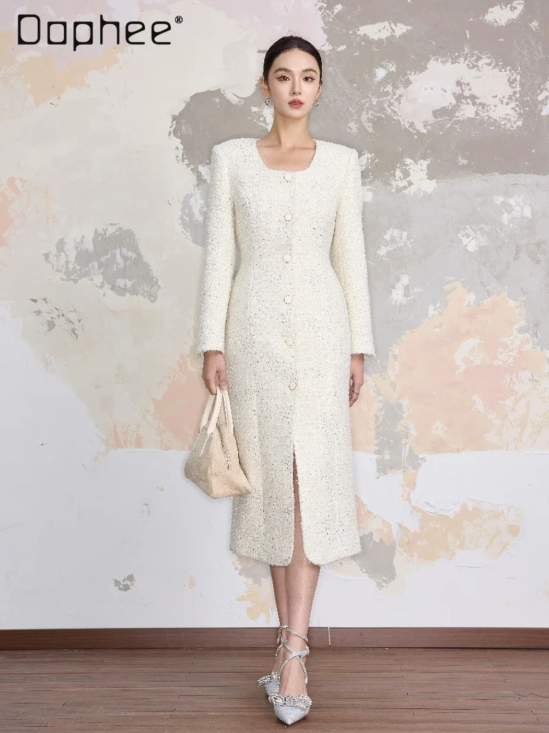French Retro High-End Fashion Socialite Tweed Dress Commuting Style Trendy Square Neck Single-Breasted Long Sleeve A-Line Dress