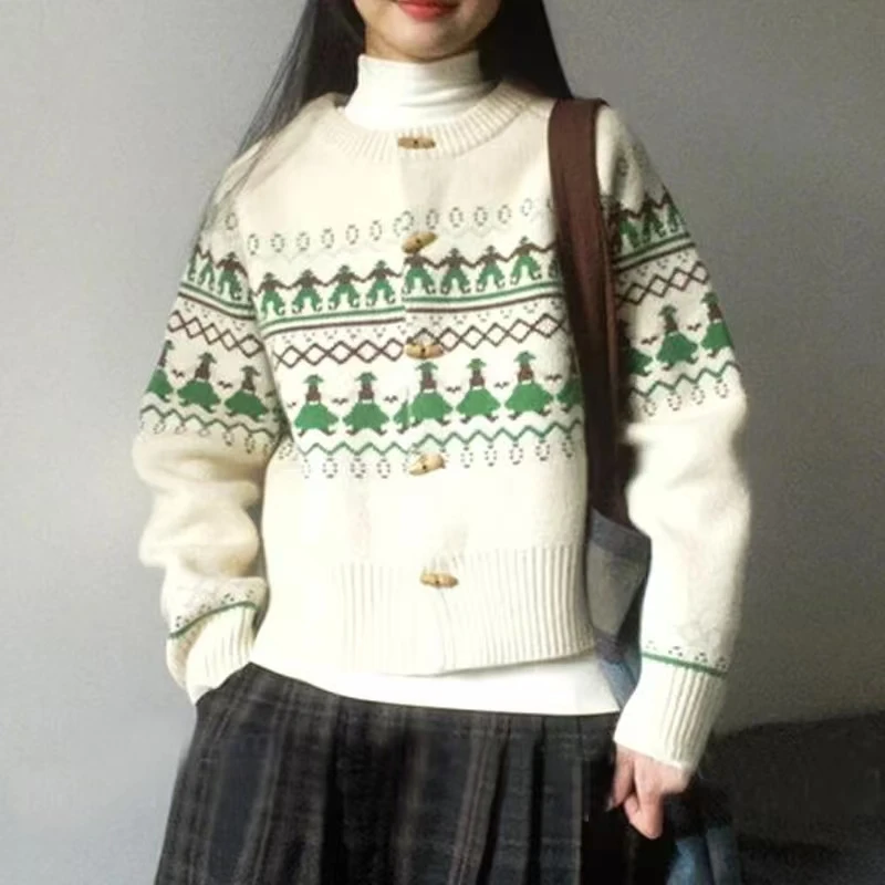 

Autumn Winter Women Fashion Single Breasted Cardigan Cute Sweet Jacquard Christmas Knitted Sweater Casual Chic Loose Outerwears