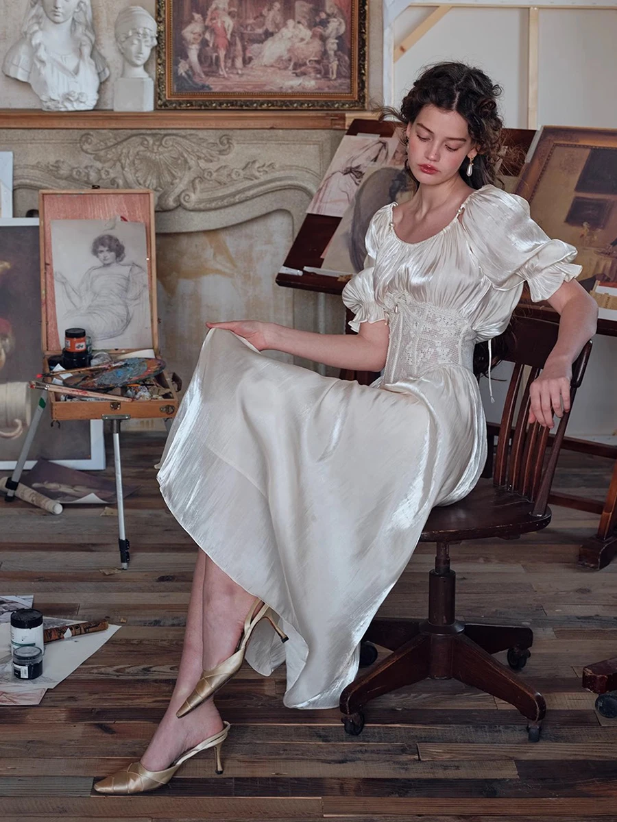 REDDACHiC 르네상스 여성 할로우 레이스 허리 트레이너 드레스 새틴 광택 퍼프 슬리브 미디 롱 드레스 파티 요정 여름 옷