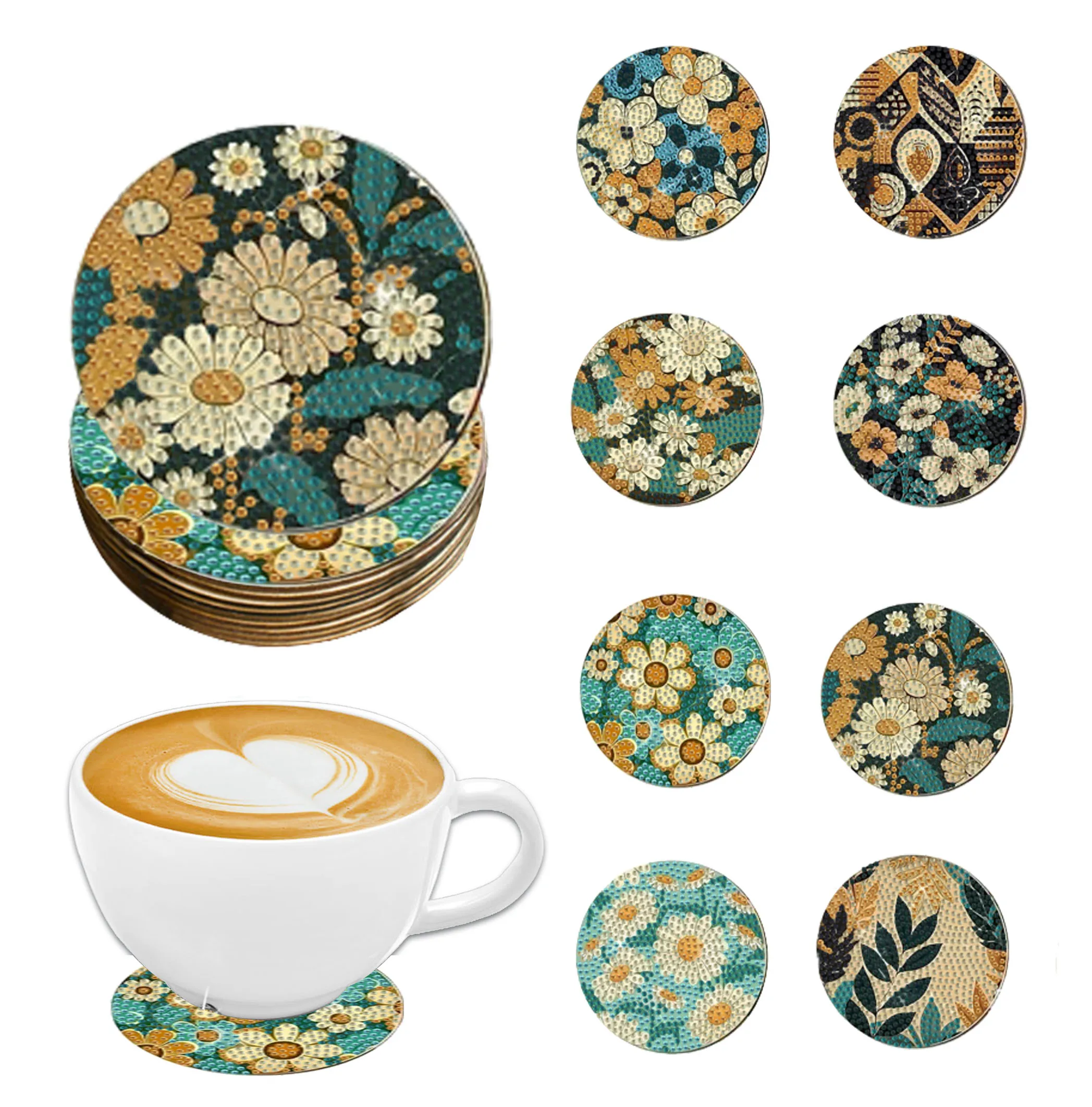 8 Pieces DIY Diamond Painting Art Set Flower Pattern Coaster Special Shape Crystal Artificial Diamond Mosaic Craft