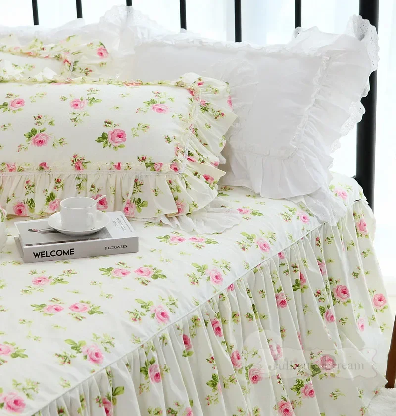 Elegant flower print bedding set Rustic duvet cover bedding Queen bed set Custom bed sheet Ruffle lace pillowcase bed clothes