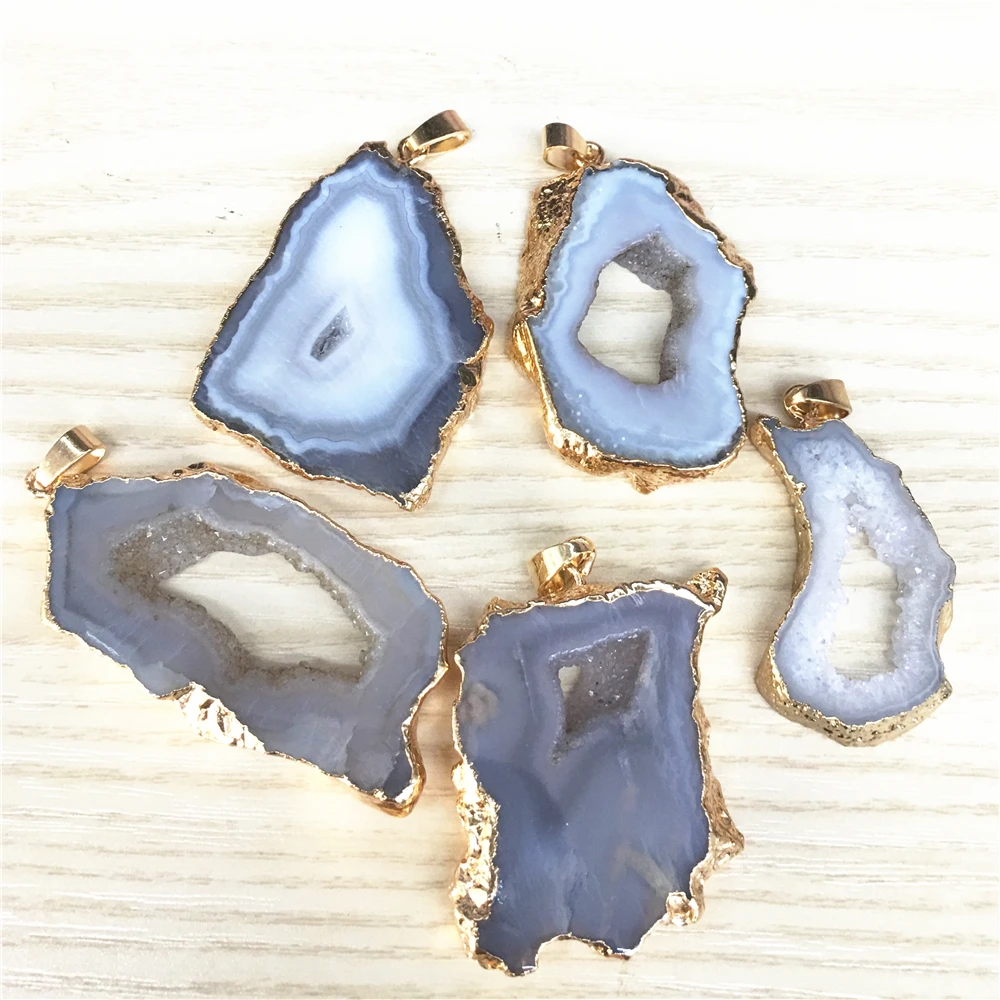 

Natural Stone Brazilian Electroplated Edged Slice Open White Agates Pendant Geode Druzys Drusy for Women Necklace Jewelry Making