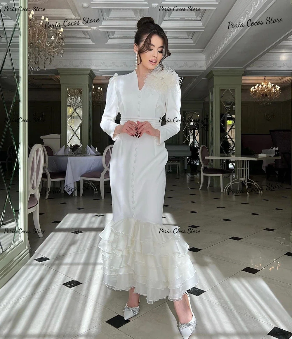 Customized Long Sleeve 3D Appliques V Neck Formal Party Dress Sexy Prom Gown Straight Ankle-Length Evening Dresses for Women