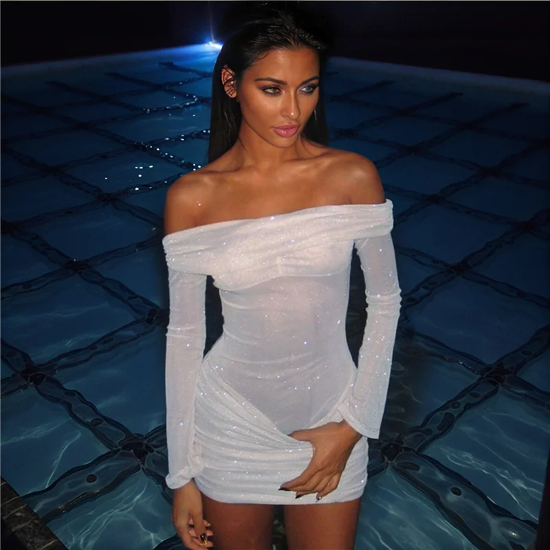 ABP-dames off-the-shoulder bodycon mesh pure ruches glanzende uitlopende lange mouwen Y2K club avondje uit jurk