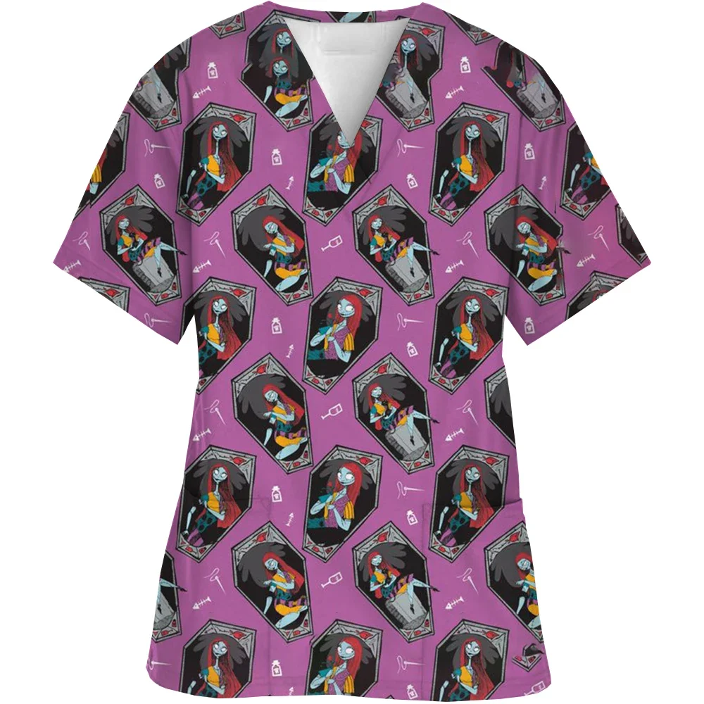 เสื้อพยาบาลแขนสั้นคอวีสำหรับผู้หญิง ชุดทำงานแฟชั่นลำลองลายพิมพ์สำหรับผู้หญิงช่วงฮาโลวีน ชุดทำงานป้องกันตัว ชุดยูนิฟอร์มทางการแพทย์