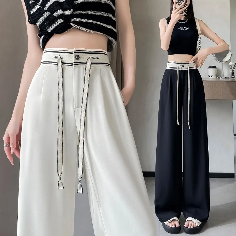 

Spring Summer Simplicity Office Lady Patchwork Wide Leg Women Fashion Appear Thin Solid Color Straight All-match Casual Trousers