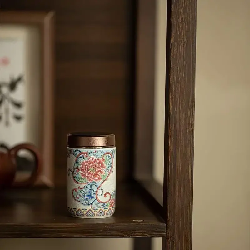 Guofeng Enamel Color Tea Pot Ceramic Storage Tank Creative Universal Alloy Cover Storage Tank Sealed Tank Tea Coffee Container
