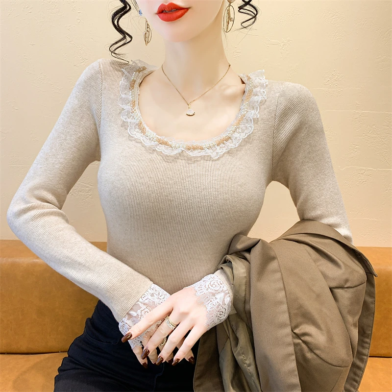 

2025,New,European,Clothes,Knitted,Sweater,Women,Chic,Sexy,O-Neck,Patchwork,Lace,Beading,Shiny,Long Sleeve,Pullover,Tops,412138