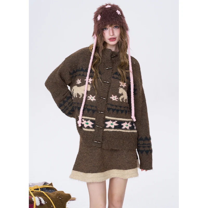 ELFSACK Skirt Set with Floral Bird Print, Loose Knit Cardigan & Skirt, Cozy Casual Matching Set