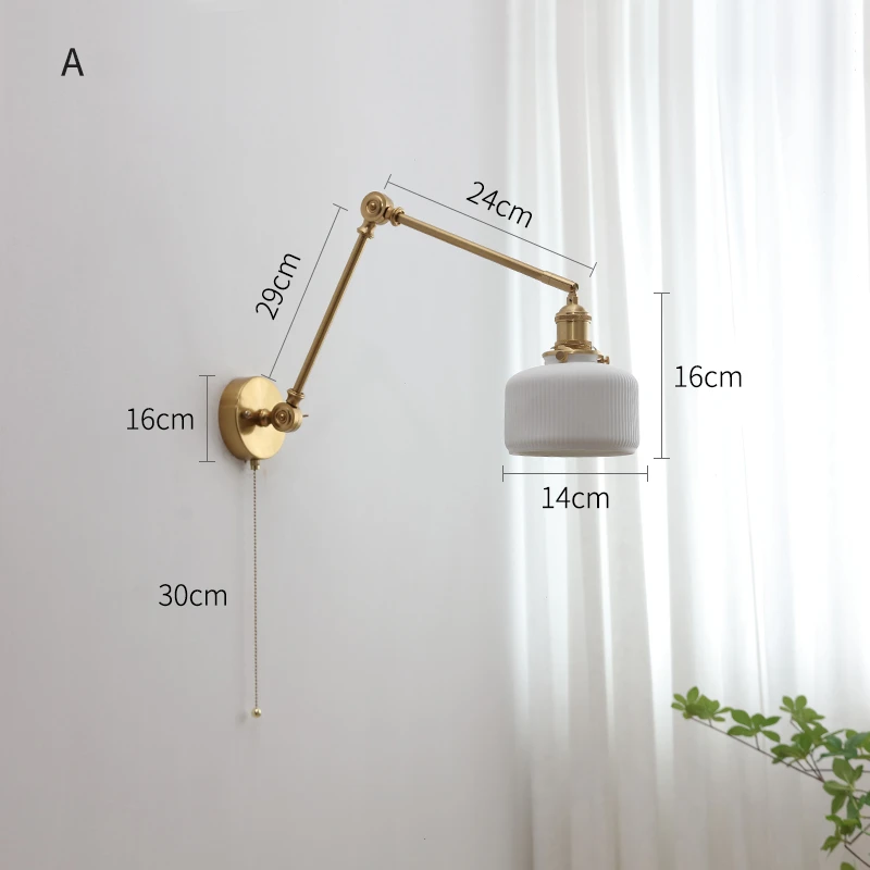 IWHD Nordic Modern Wood LED Wall Lamp Sconce Pull Chain Switch Up And Down Copper Swing Long Arm Bedroom Beside Stair Light