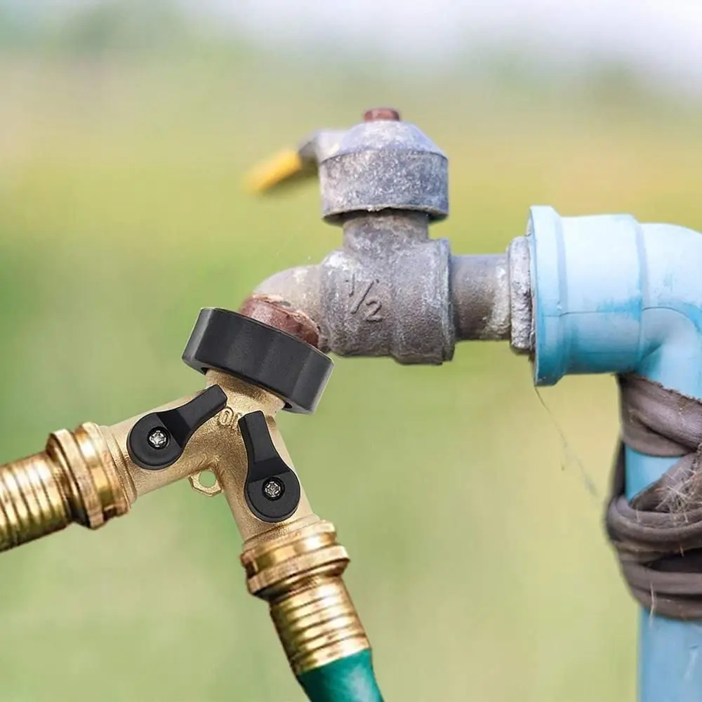 Single Turn Brass Garden Hose Splitter Solid Brass Heavy Duty Hose Connector 3/4 Inch Thread No Leak Water Pipe Adapter Garden