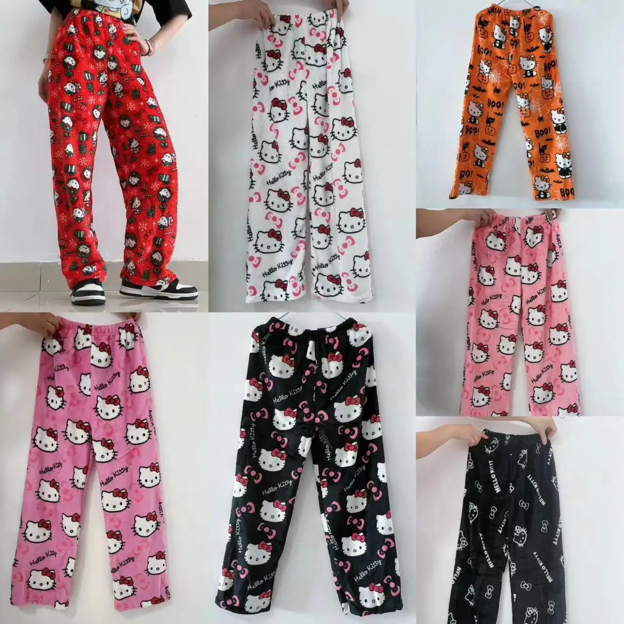 Sanrio Hello Kitty Flannel Pajamas Halloween Orange Women's Warm Woolen Cartoon Casual Home Pants In Autumn Winter Fashion Trous