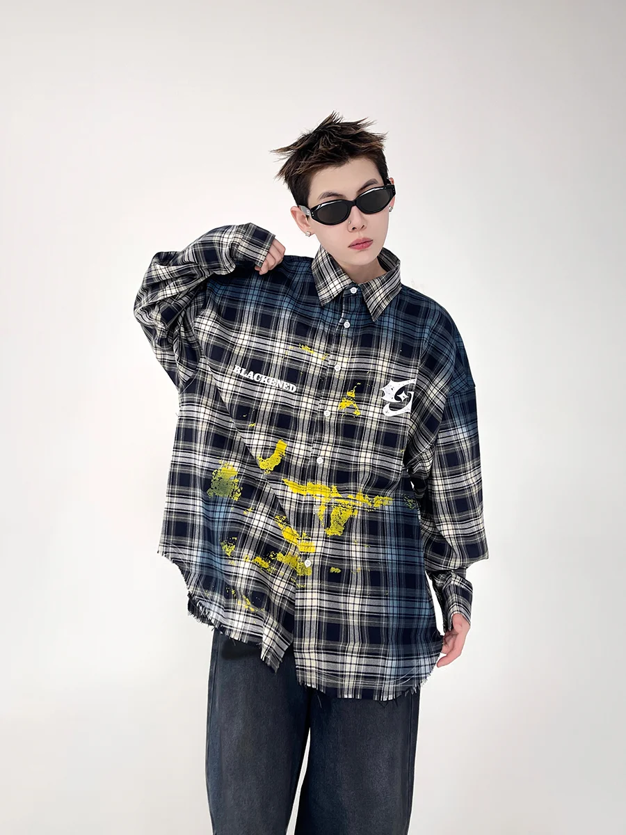 2025 Spring and Autumn New American Style Men's Retro Paint Splatter Print Black and White Plaid Long Sleeve Shirt