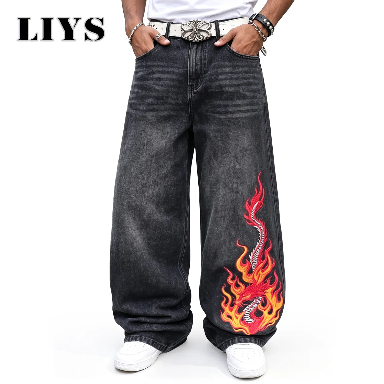 LIYS Men's Baggy Wide Leg Jeans Vintage Black Wash Red Dragon Flame Embroidery Streetwear Loose Denim Pants Y2K Hip Hop Trousers
