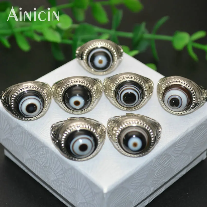 

Wholesale 3pc High Quality 12mm Black Eye Veins DZI Agate Stone Cabochon Silver Color Adjustable Band Rings Men Tibetan Jewelry