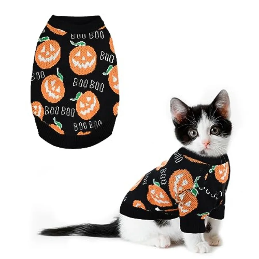 Pet Puppy Dog Halloween Sweater Cat Pumpkin Knitwear Clothes Costume with Cute Boo Pattern Halloween Sweater Coat for Kittens D