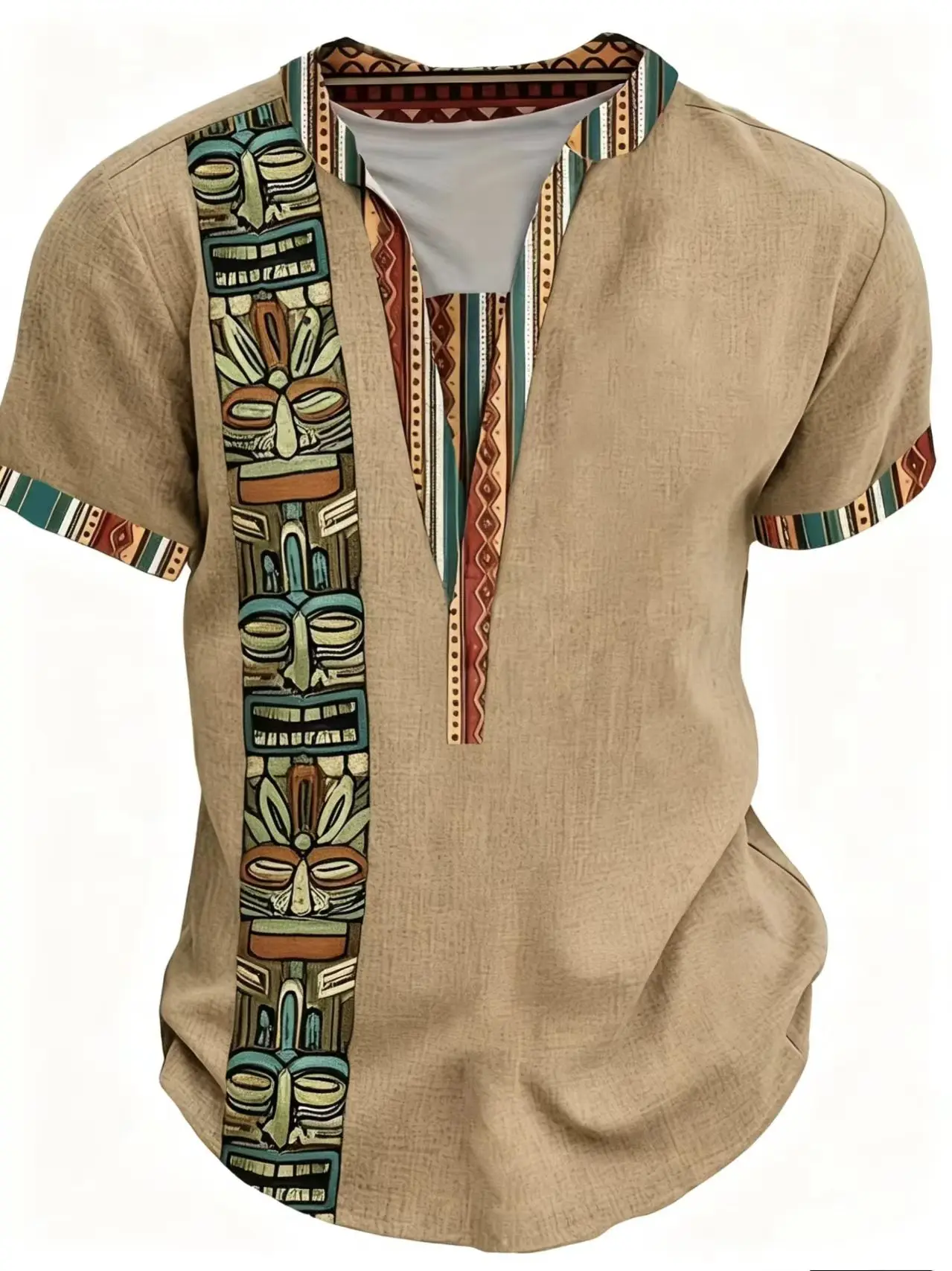 Men's Ethnic Style Printed Henry T-Shirt, Short Sleeved, Six Buttons, Casual and Comfortable, Summer Beach Top, Tiki