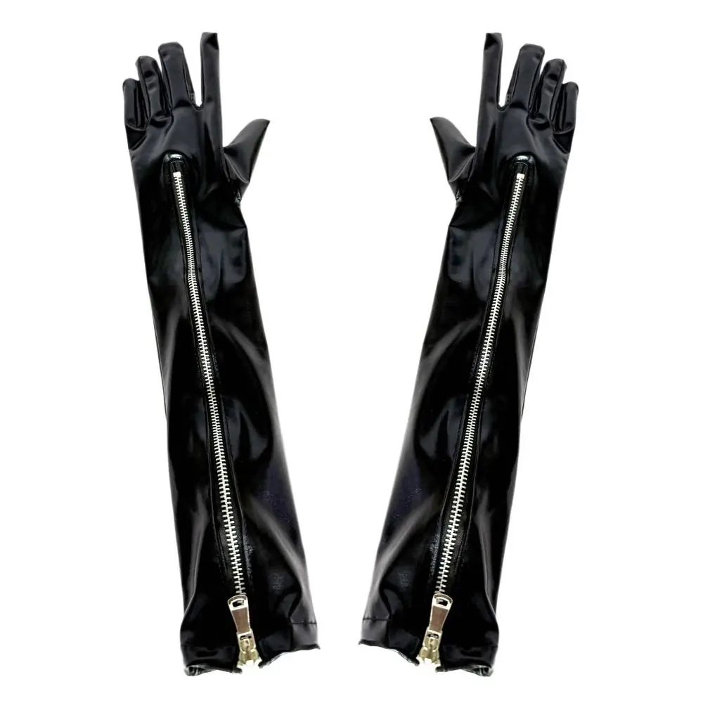 Slim Elastic Zipper Long Gloves Shiny Cloth Patent Leather Black Gloves Gothic Lolita Women Gloves Halloween Cosplay
