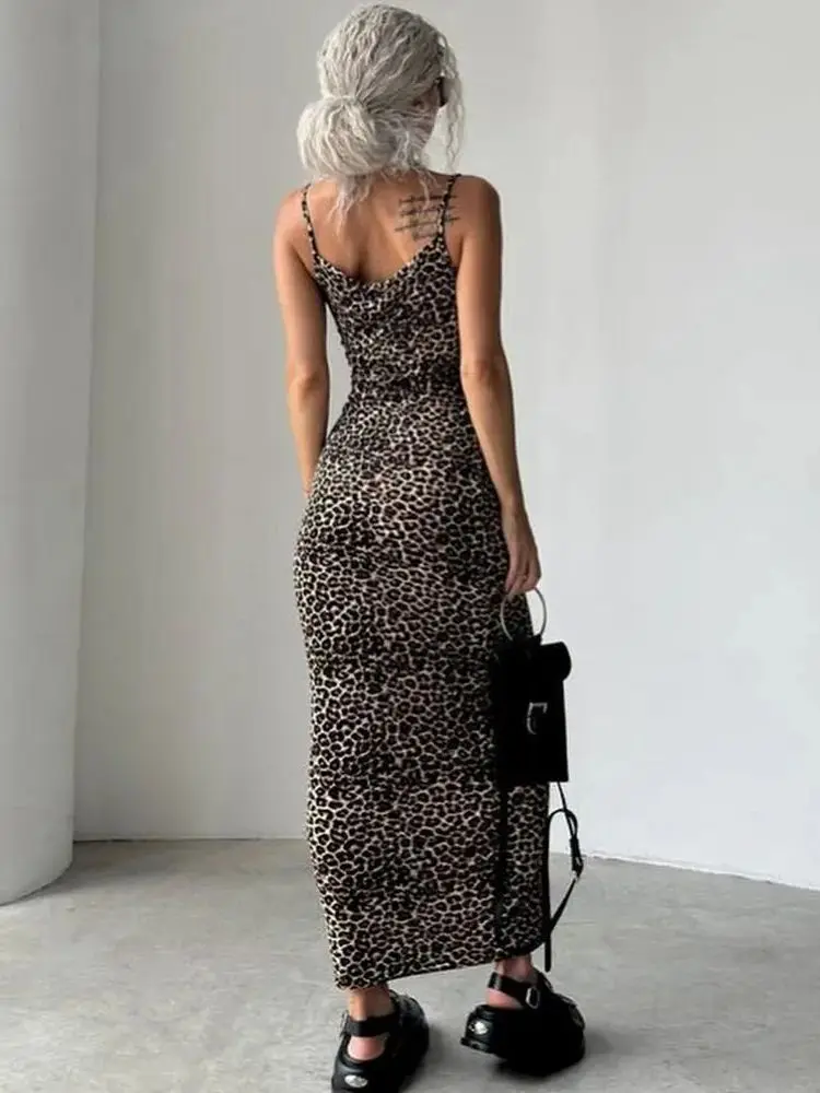 Sleeveless Spaghetti Strap Midi Boho Dress Leopard Prints Bodycon Dresses Robe Tights Package Hip Vestido Faldas Sexy Streetwear