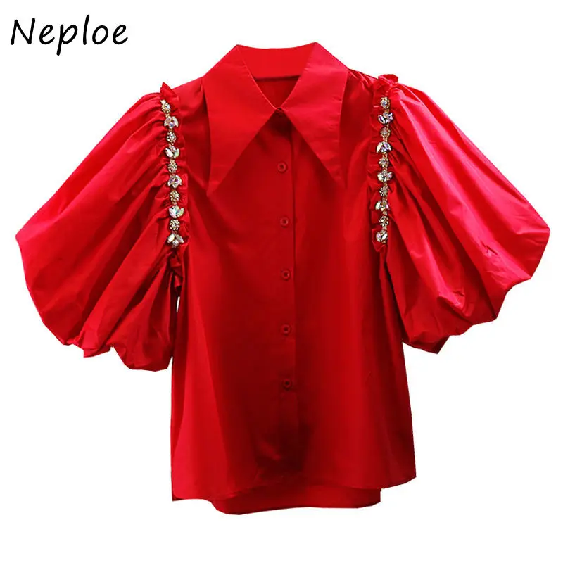 Neploe Heavy Beaded Diamond Sweet Lapel Blouses Big Puff Sleeved Single Breasted Short Shirt Fashion Trendy Temperament Blusas