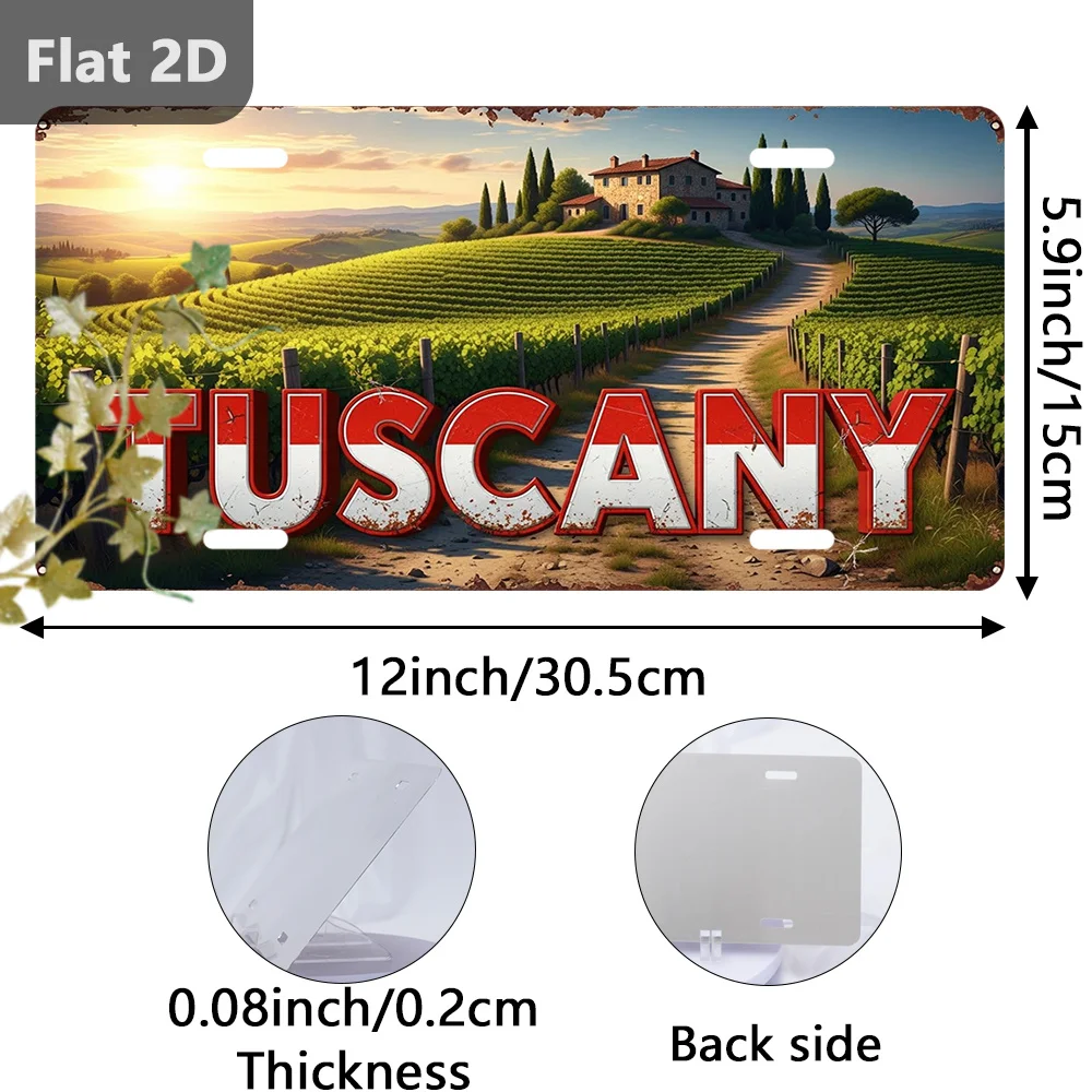 2D Flat - A Vintage Tin Sign Featuring a Tuscany Landscape with Vineyards, Measuring 30.48 cm by 14.99 cm. This Decorative Plaqu