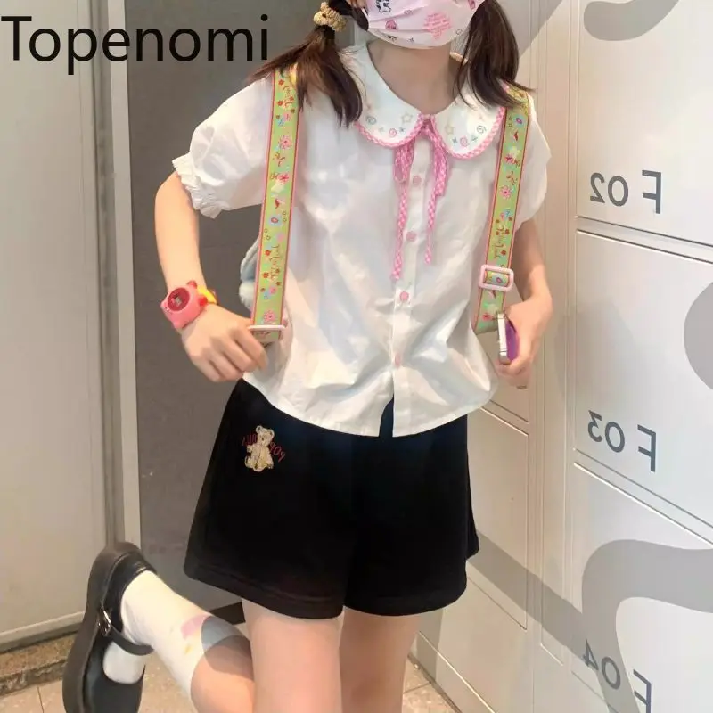 

Topenomi Sweet Star Embroidery Short Sleeve Shirts Women Japanese Preppy Style Peter Pan Collar Lace Up Tops Kawaii Y2k Blouse