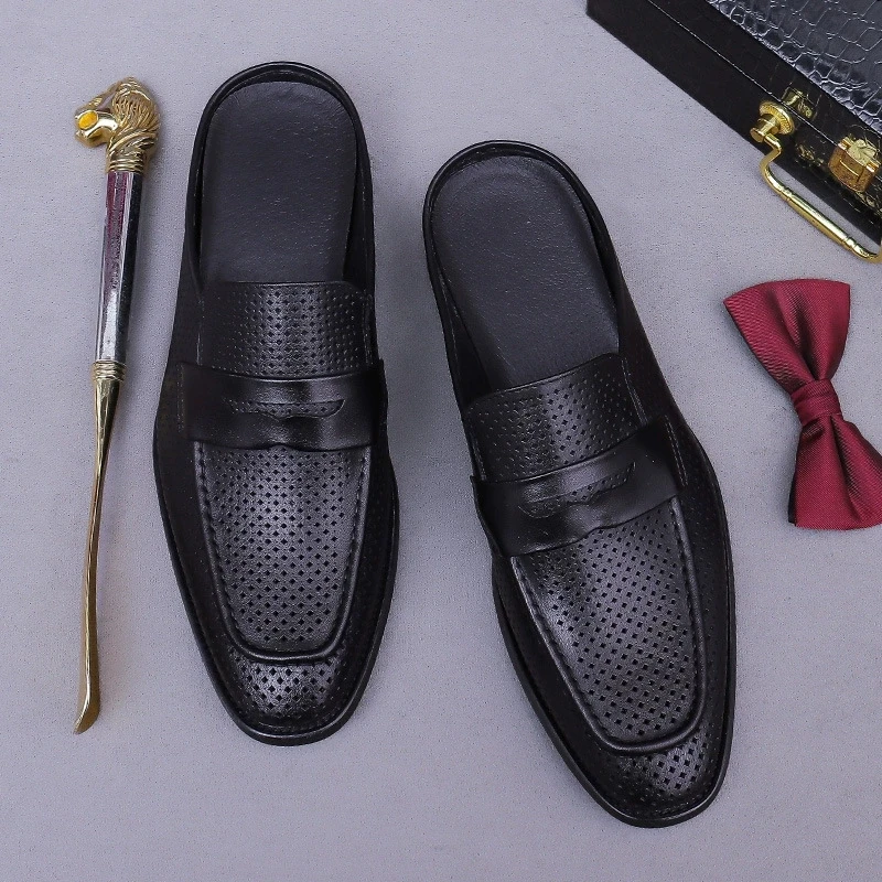 

Closed Toe Half Shoes for Men Black Mules Slippers Slip on Genuine Cowhide Leather Hollow Out Flat Sandals Man Summer 2025